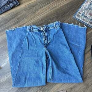 Zara High Rise Wide Leg Raw Hem Jeans in Light Blue